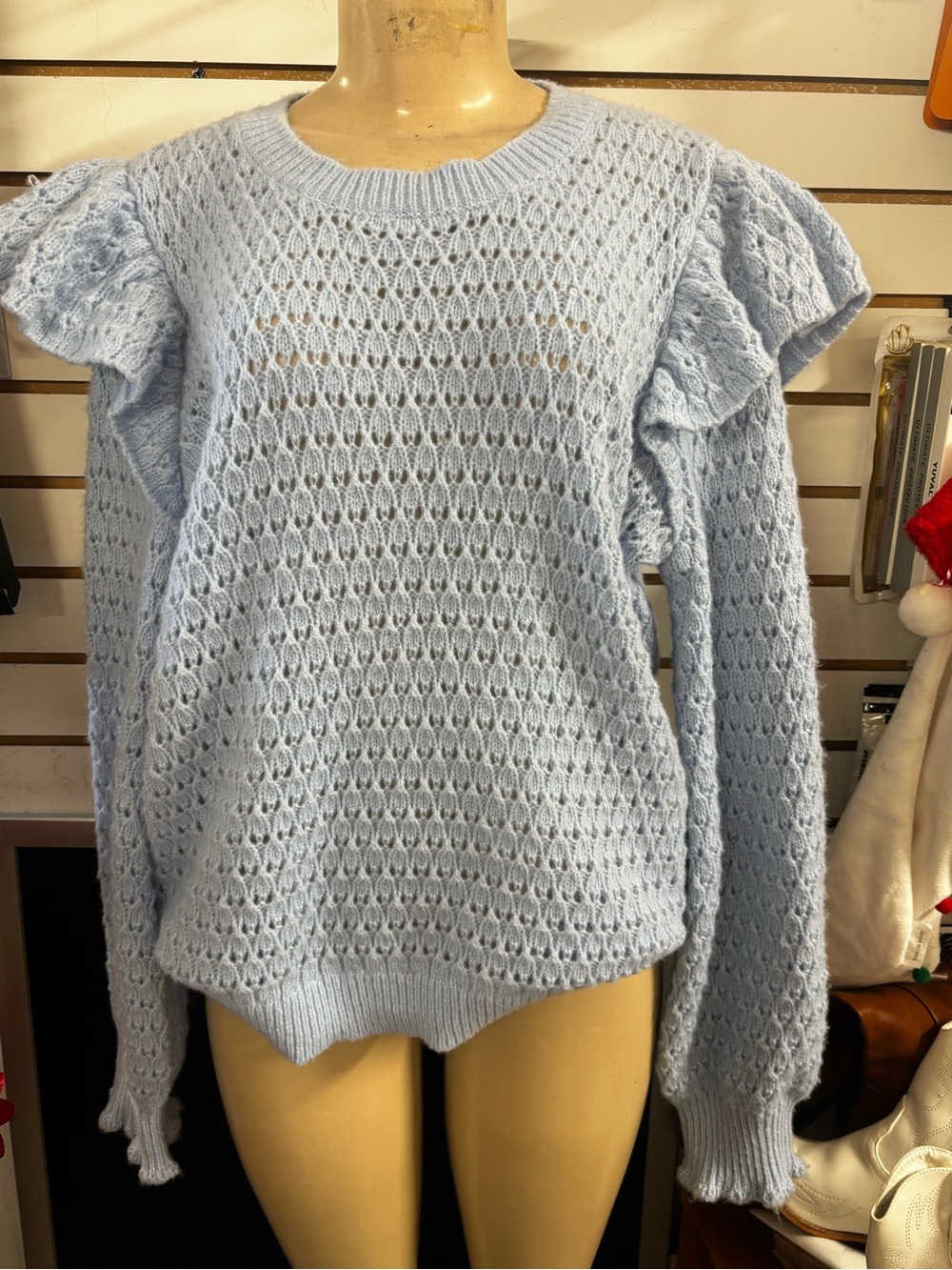 LOFT Pastel Blue Open-Knit Ruffle Shoulder Sweater - Picture 2 of 4